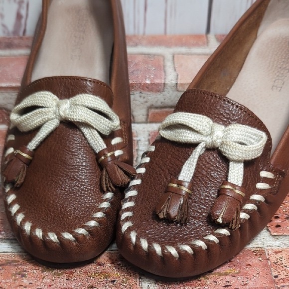 Fat Face British Brown Leather Loafers Women's 8.5 Cream Bow Stitching‎ Heritage - Picture 16 of 16